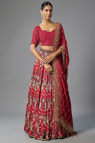 Red Chiffon Lehenga Set by Nakul Sen