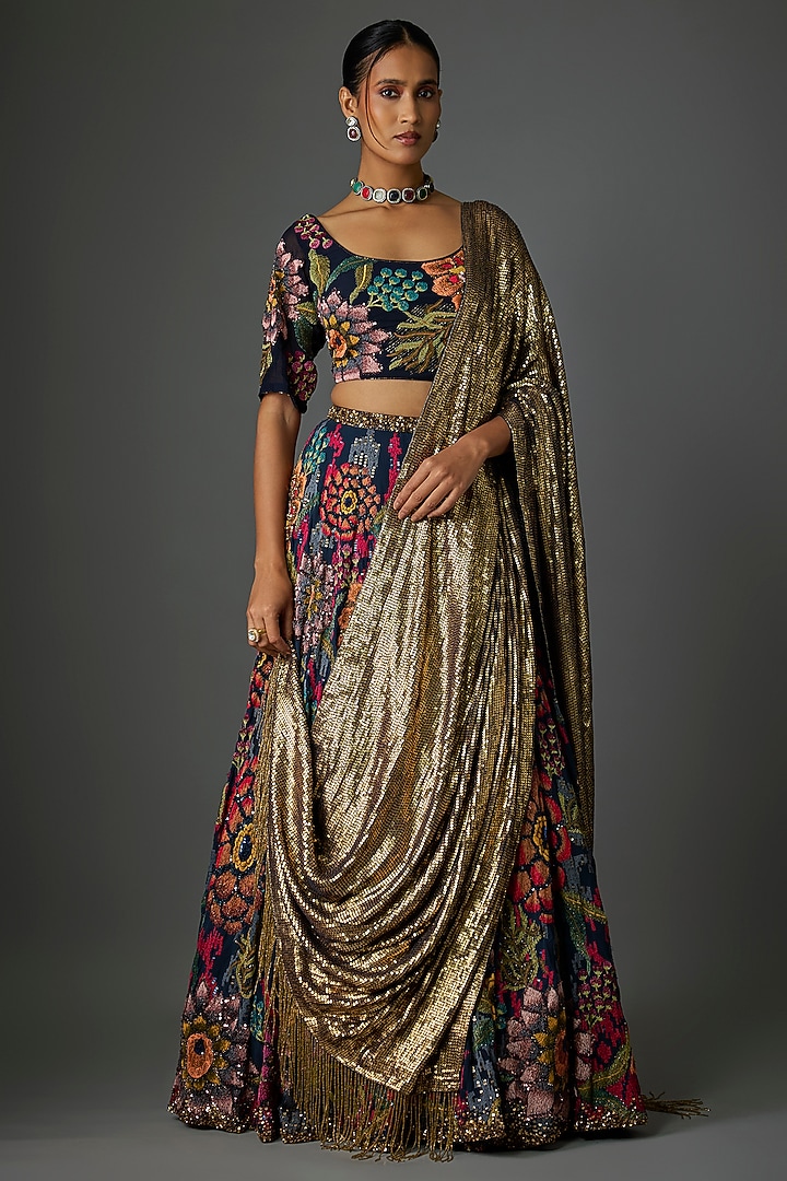 Navy Silk Chiffon Thread Embroidered Bridal Lehenga Set by Nakul Sen at Pernia's Pop Up Shop