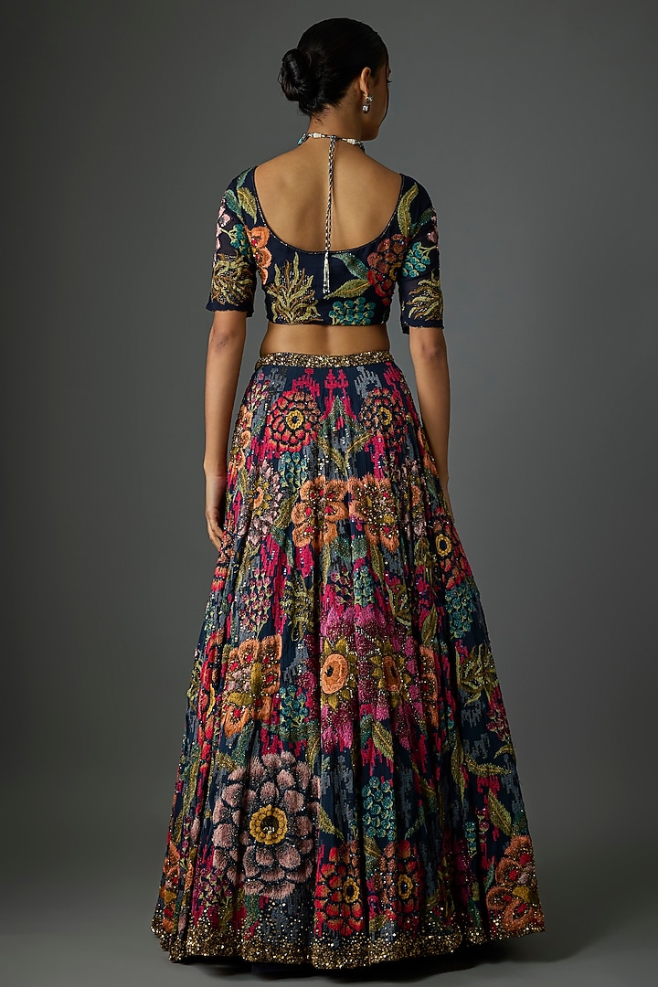 Navy Silk Chiffon Thread Embroidered Bridal Lehenga Set by Nakul Sen at Pernia's Pop Up Shop