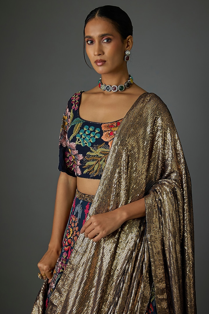 Navy Silk Chiffon Thread Embroidered Bridal Lehenga Set by Nakul Sen at Pernia's Pop Up Shop