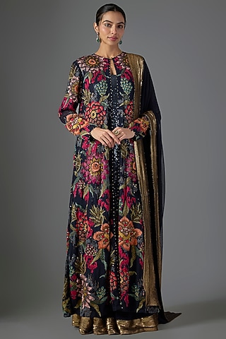 Navy Chiffon Thread Embroidered Jacket Set by Nakul Sen
