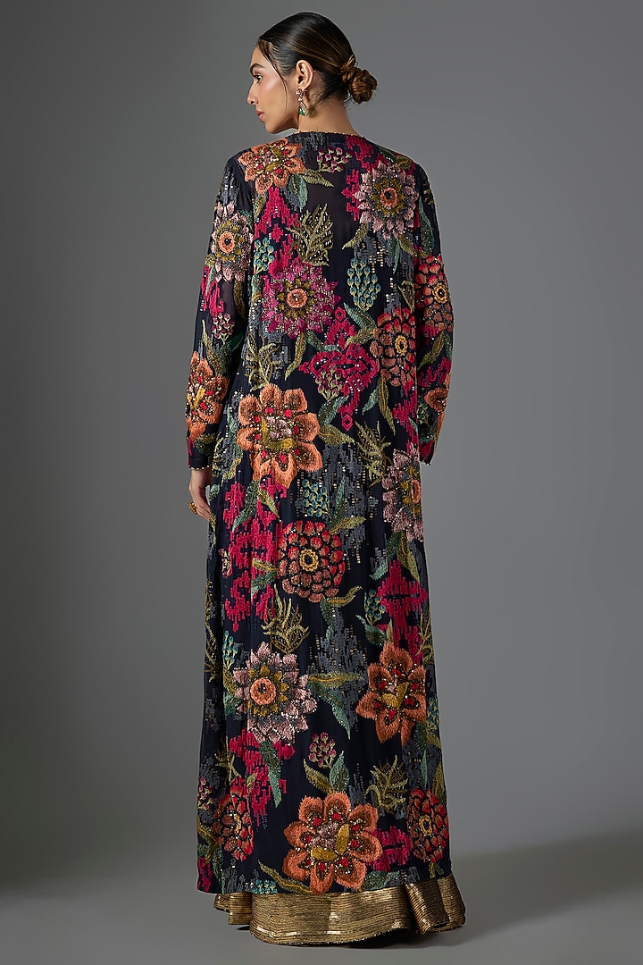 Navy Chiffon Thread Embroidered Jacket Set by Nakul Sen at Pernia's Pop Up Shop
