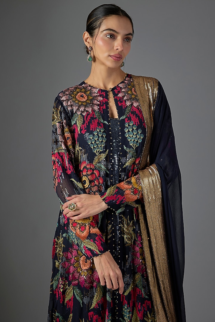 Navy Chiffon Thread Embroidered Jacket Set by Nakul Sen at Pernia's Pop Up Shop
