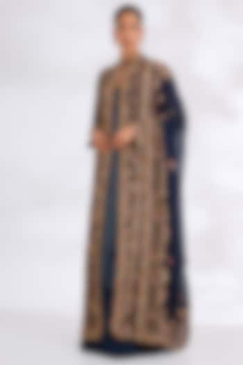 Navy Chiffon Thread Embroidered Jacket Set by Nakul Sen at Pernia's Pop Up Shop
