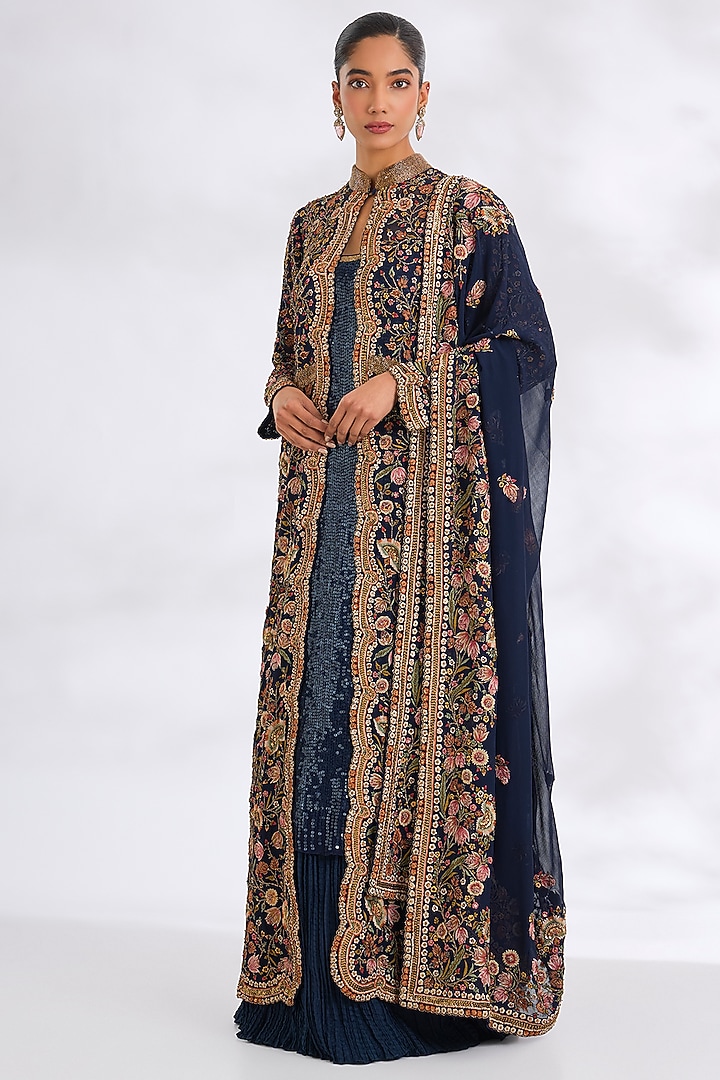 Navy Chiffon Thread Embroidered Jacket Set by Nakul Sen at Pernia's Pop Up Shop