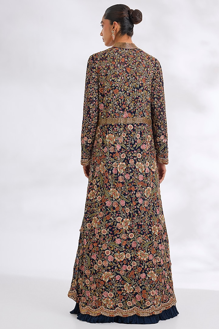 Navy Chiffon Thread Embroidered Jacket Set by Nakul Sen at Pernia's Pop Up Shop