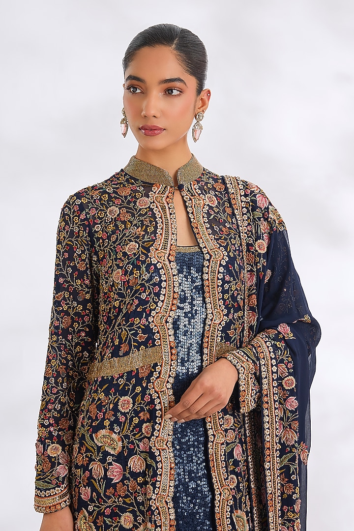 Navy Chiffon Thread Embroidered Jacket Set by Nakul Sen at Pernia's Pop Up Shop