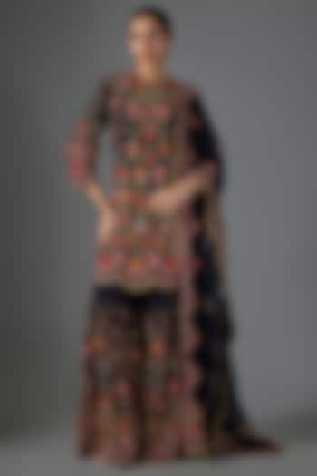 Navy Chiffon Thread Embroidered Gharara Set by Nakul Sen at Pernia's Pop Up Shop