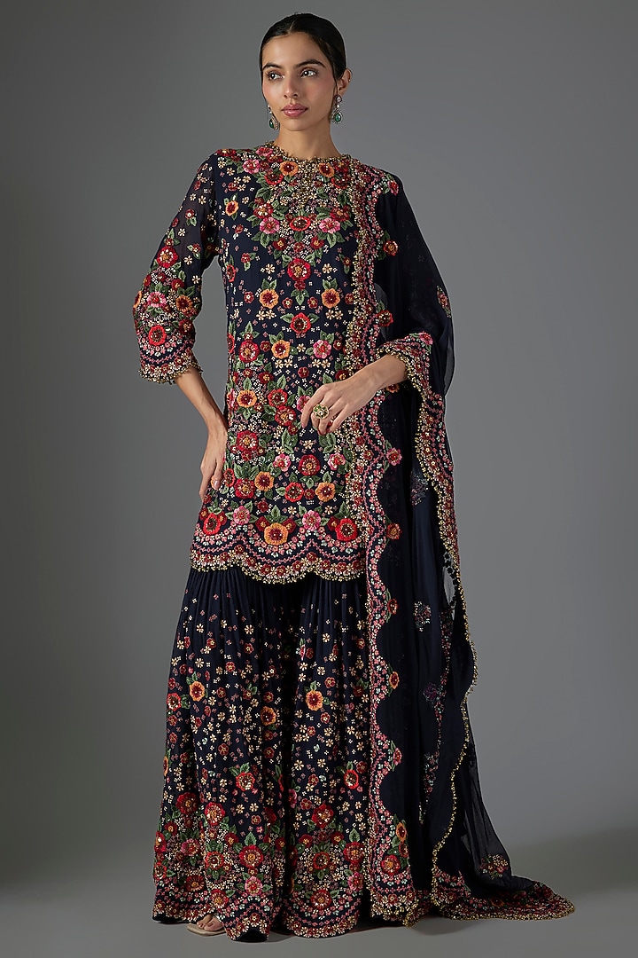 Navy Chiffon Thread Embroidered Gharara Set by Nakul Sen at Pernia's Pop Up Shop