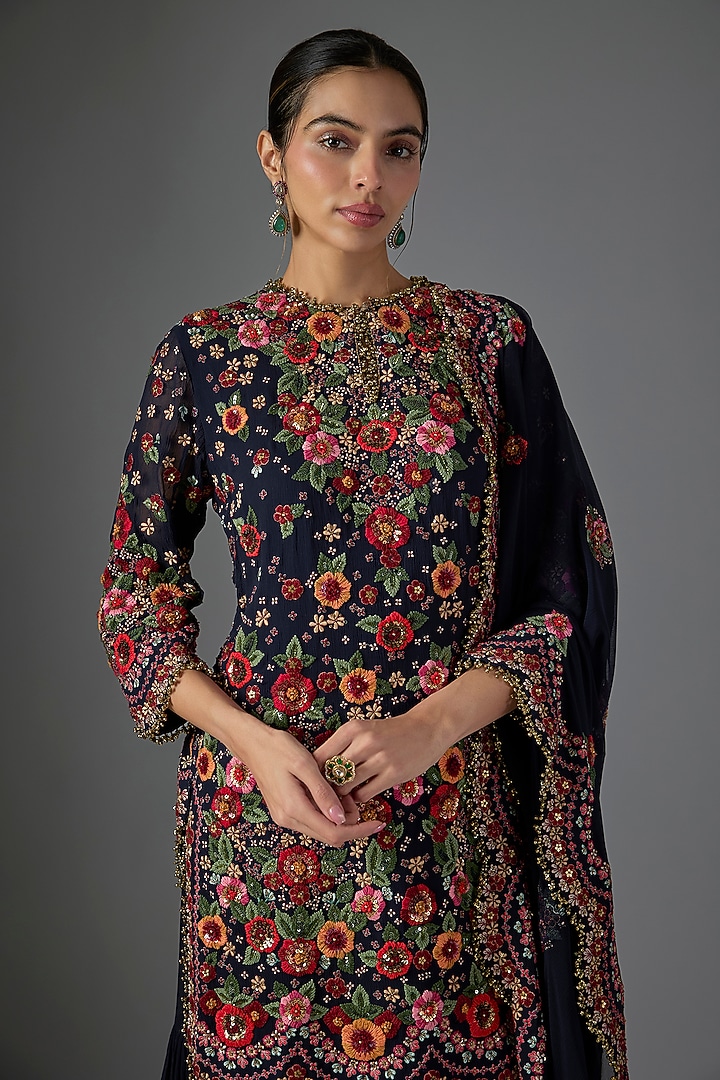 Navy Chiffon Thread Embroidered Gharara Set by Nakul Sen at Pernia's Pop Up Shop