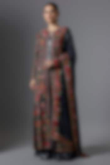 Navy Blue Chiffon Thread Embroidered Jacket Set by Nakul Sen at Pernia's Pop Up Shop