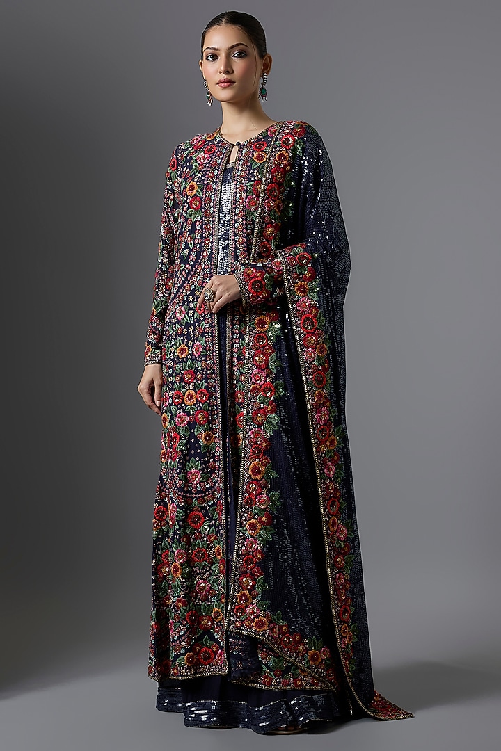 Navy Blue Chiffon Thread Embroidered Jacket Set by Nakul Sen at Pernia's Pop Up Shop