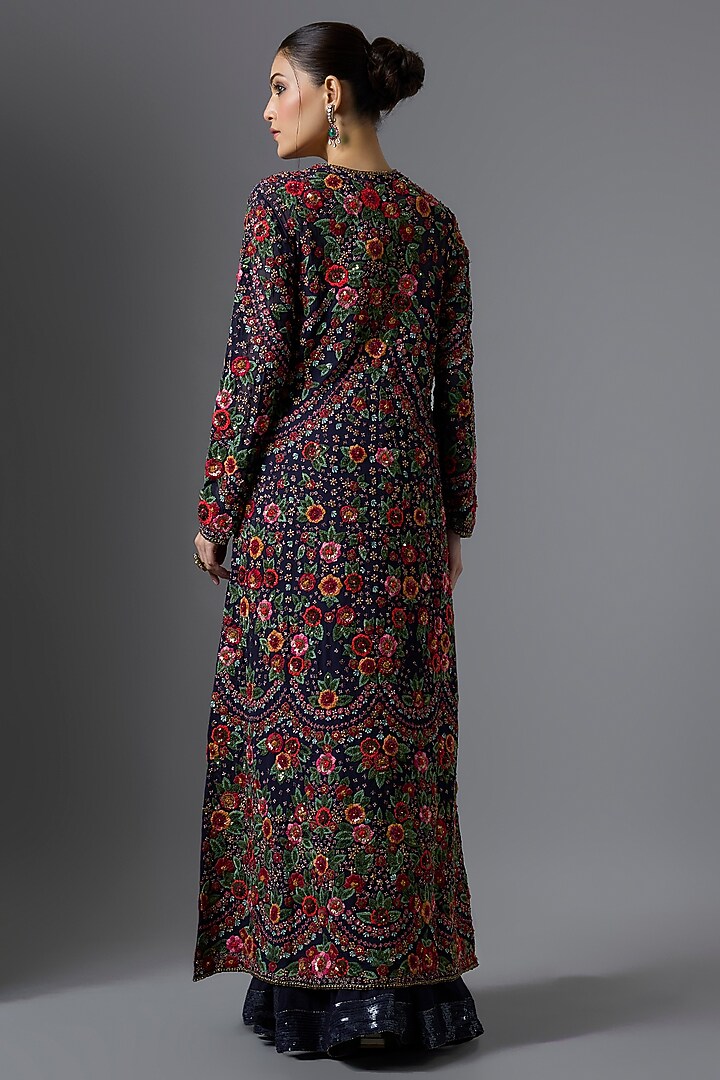 Navy Blue Chiffon Thread Embroidered Jacket Set by Nakul Sen at Pernia's Pop Up Shop