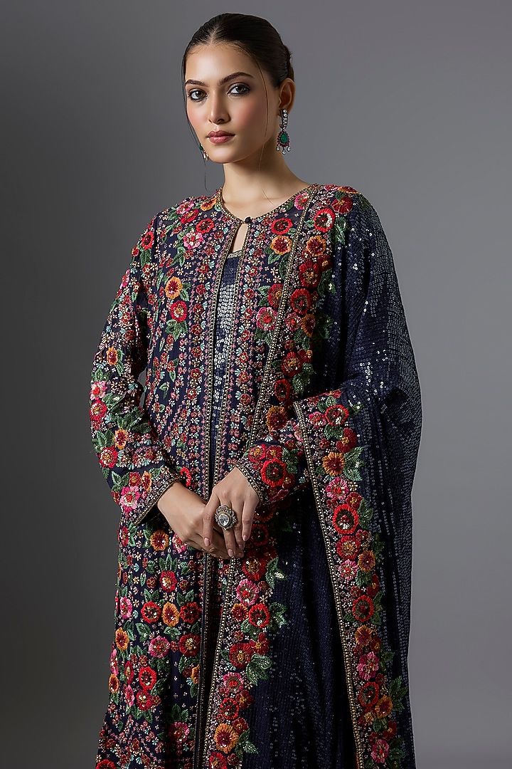 Navy Blue Chiffon Thread Embroidered Jacket Set by Nakul Sen at Pernia's Pop Up Shop