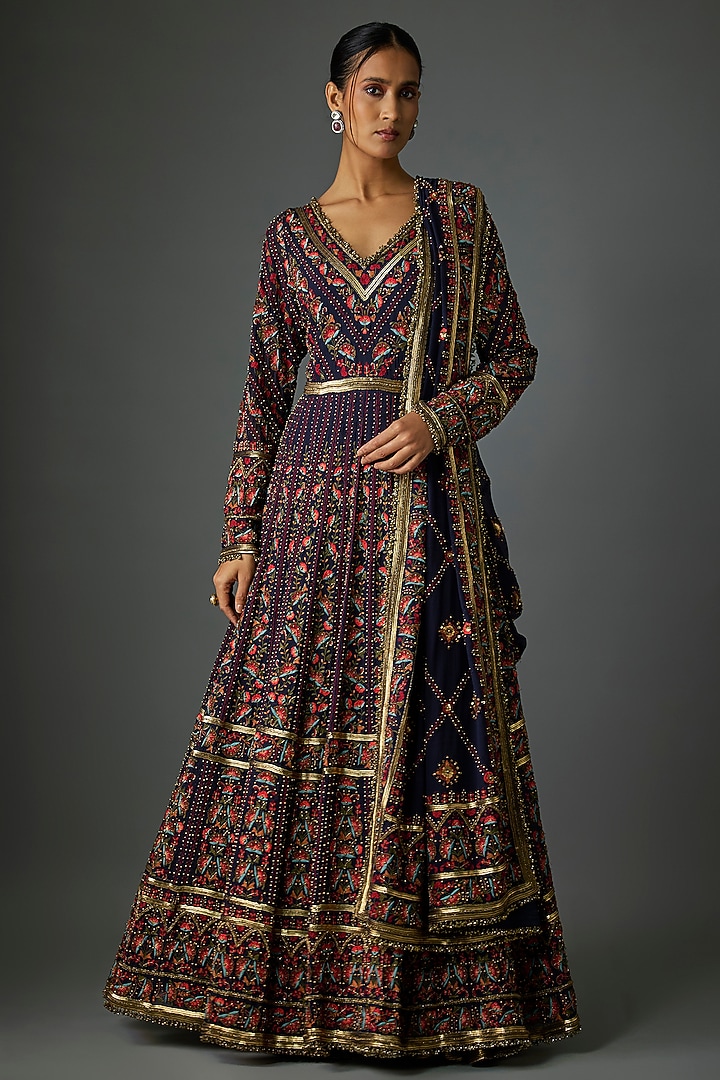Navy Chiffon Thread Embroidered Bridal Anarkali Set by Nakul Sen at Pernia's Pop Up Shop