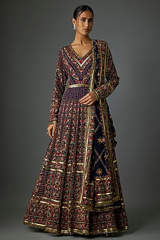 Navy Chiffon Thread Embroidered Anarkali Set by Nakul Sen