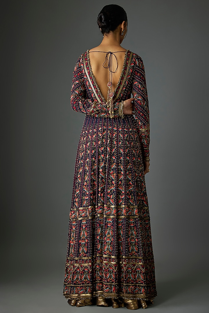 Navy Chiffon Thread Embroidered Bridal Anarkali Set by Nakul Sen at Pernia's Pop Up Shop