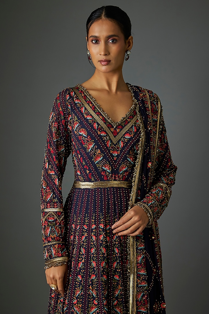 Navy Chiffon Thread Embroidered Bridal Anarkali Set by Nakul Sen at Pernia's Pop Up Shop