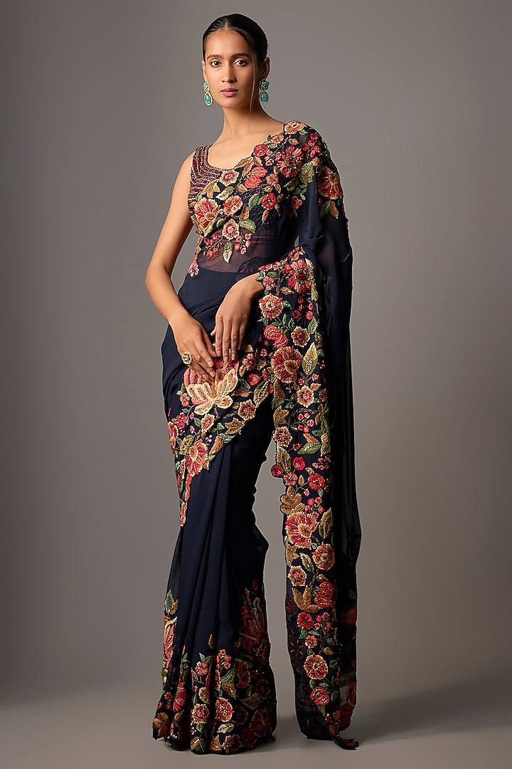 Navy Blue Chiffon Thread Embroidered Bridal Saree Set by Nakul Sen at Pernia's Pop Up Shop