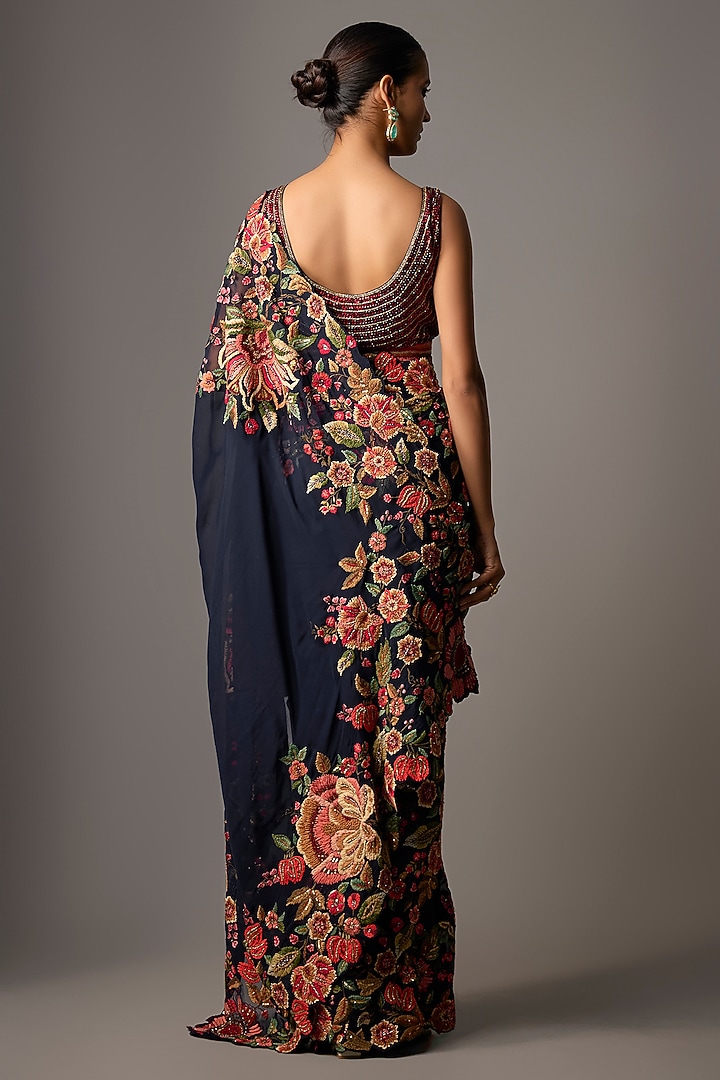 Navy Blue Chiffon Thread Embroidered Bridal Saree Set by Nakul Sen at Pernia's Pop Up Shop