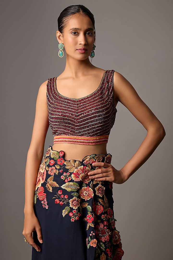 Navy Blue Chiffon Thread Embroidered Bridal Saree Set by Nakul Sen at Pernia's Pop Up Shop