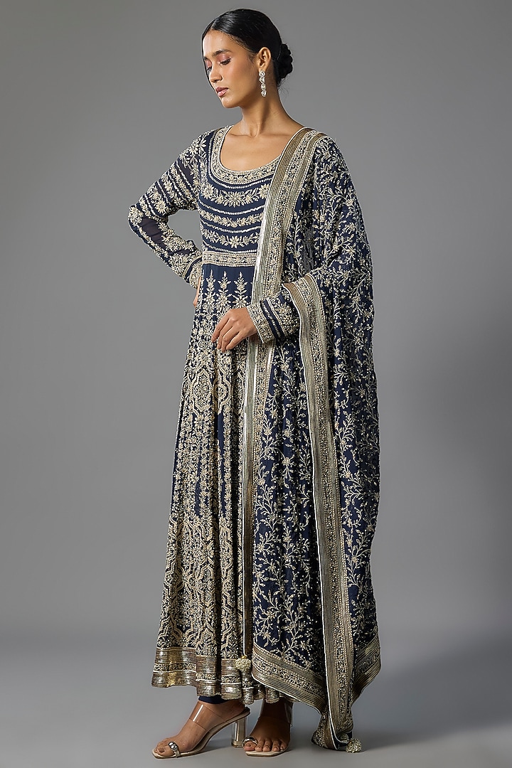 Navy Chiffon Bridal Anarkali Set by Nakul Sen at Pernia's Pop Up Shop