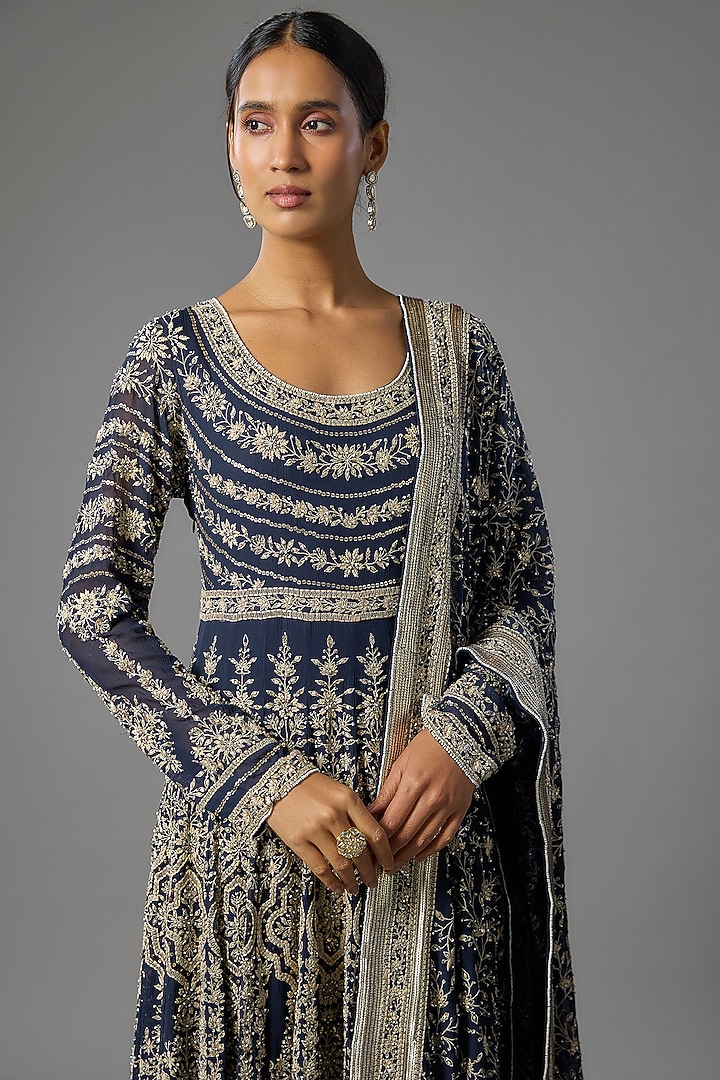 Navy Chiffon Bridal Anarkali Set by Nakul Sen at Pernia's Pop Up Shop