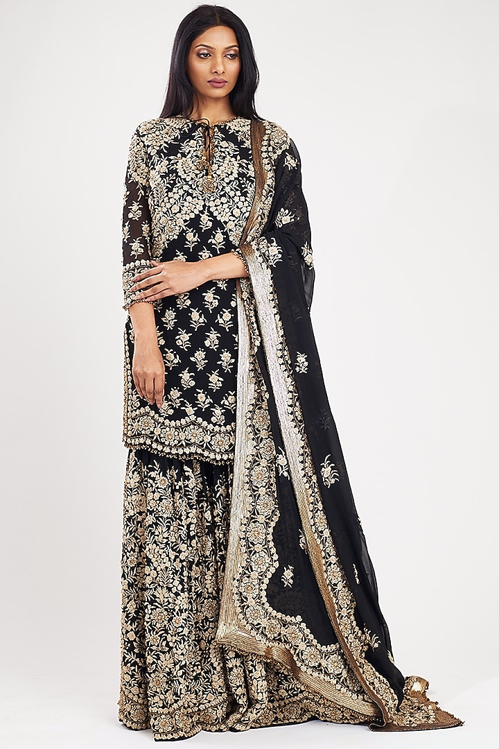 Black Embroidered Sharara Set by Nakul Sen