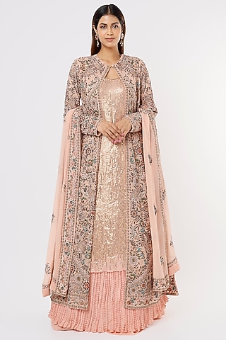 Blush Pink Silk Chiffon Jacket Set by Nakul Sen