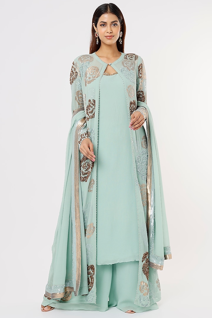 Porcelain Blue Silk Chiffon Jacket Set by Nakul Sen