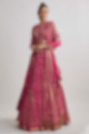 Rani Pink Silk Chiffon Sequins Embroidered Bridal Lehenga Set  by Nakul Sen at Pernia's Pop Up Shop