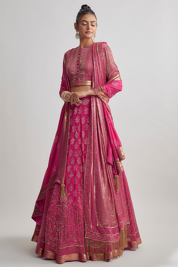 Rani Pink Silk Chiffon Sequins Embroidered Bridal Lehenga Set  by Nakul Sen at Pernia's Pop Up Shop