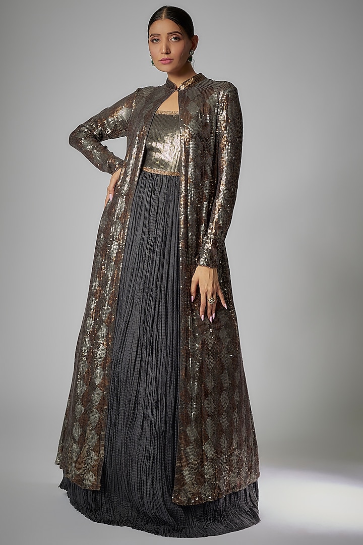 Black Chiffon Embroidered Jacket With Gown by Nakul Sen at Pernia's Pop Up Shop