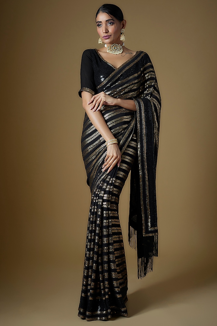 Black Chiffon Striped Sequins Embroidered Saree Set by Nakul Sen