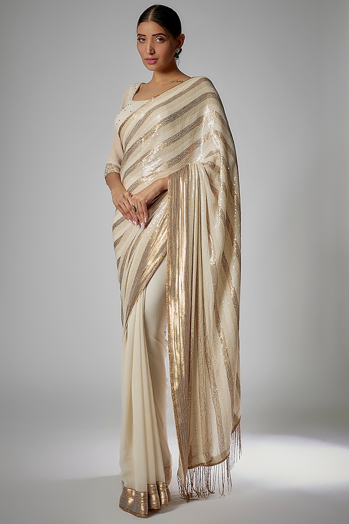 Ivory Chiffon Sequins Embroidered Saree Set by Nakul Sen at Pernia's Pop Up Shop