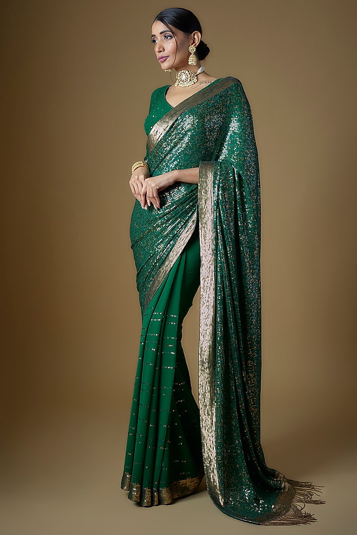 Emerald Chiffon Embroidered Saree Set by Nakul Sen