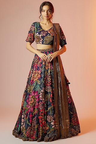 Navy Blue Chiffon Embroidered Lehenga Set by Nakul Sen