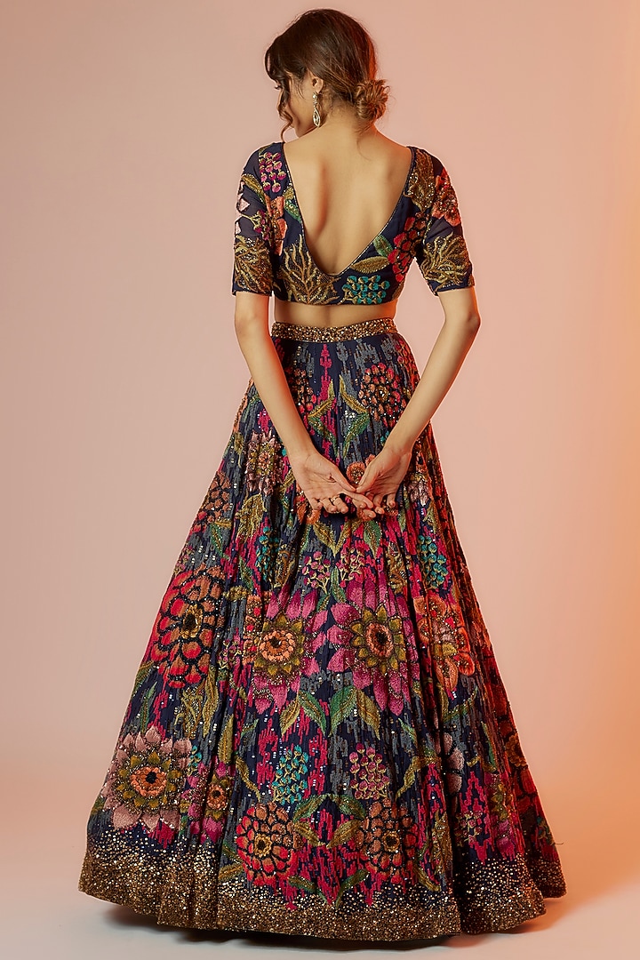 Navy Blue Chiffon Embroidered Bridal Lehenga Set by Nakul Sen at Pernia's Pop Up Shop