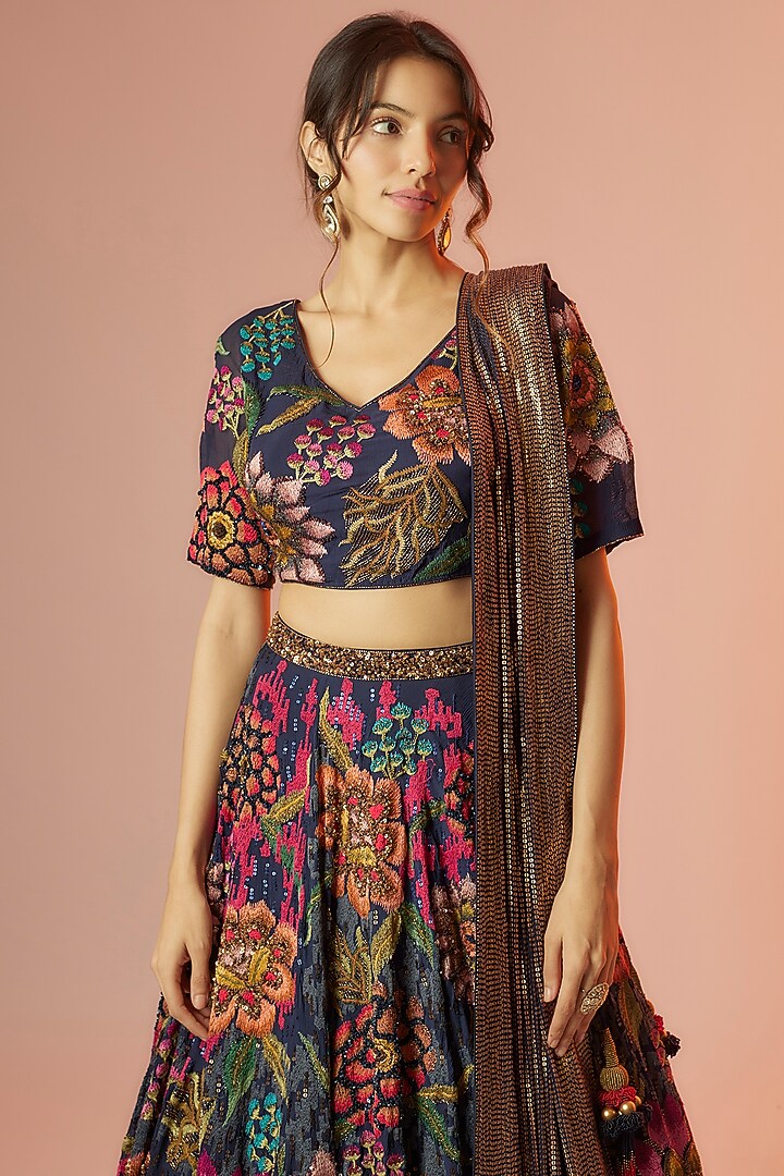 Navy Blue Chiffon Embroidered Bridal Lehenga Set by Nakul Sen at Pernia's Pop Up Shop