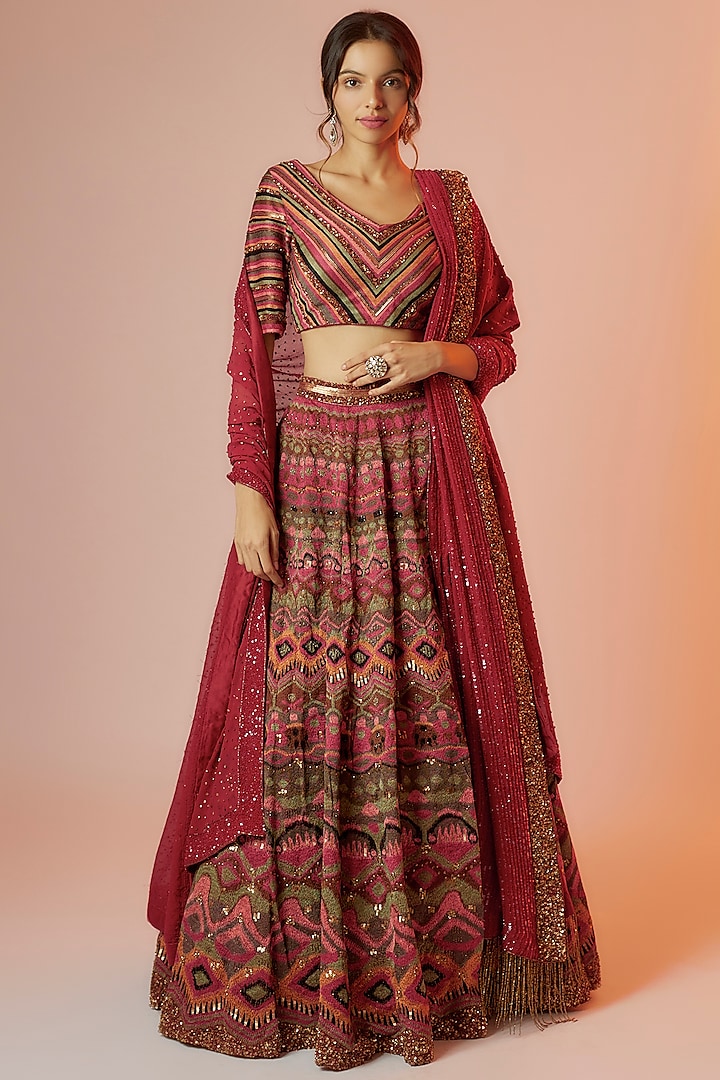 Red Chiffon Sequins Embroidered Bridal Lehenga Set  by Nakul Sen at Pernia's Pop Up Shop