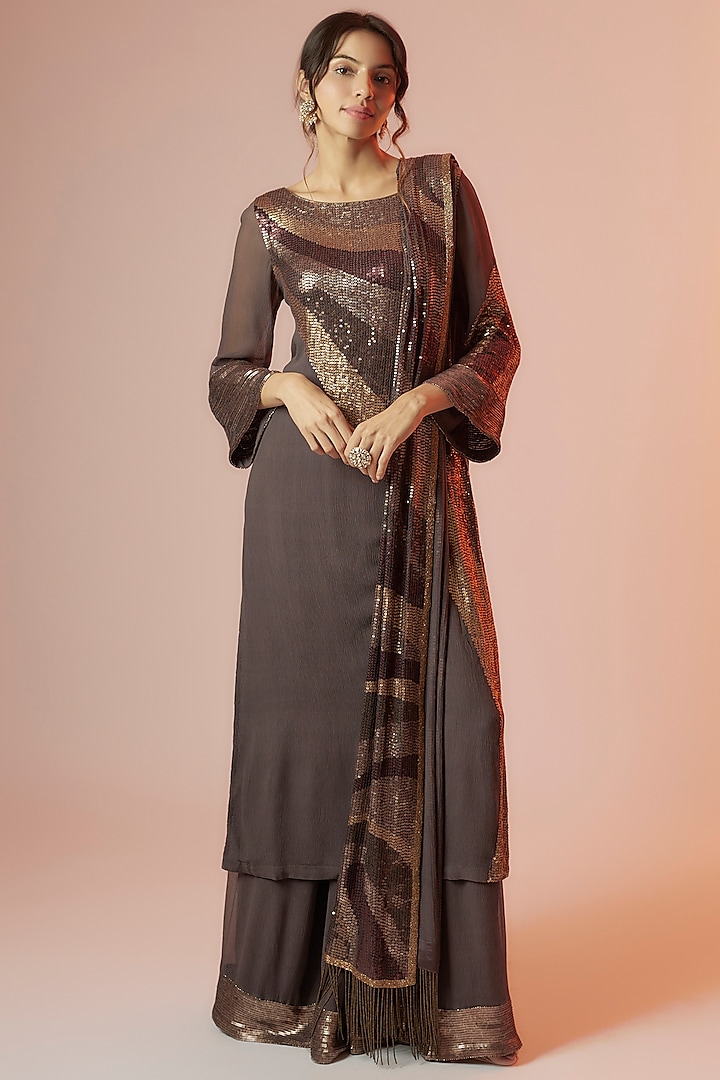 Charcoal Chiffon Embroidered Kurta Set by Nakul Sen at Pernia's Pop Up Shop
