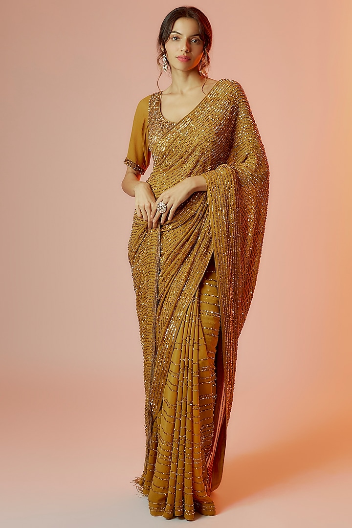 Gold Chiffon Embroidered Saree Set by Nakul Sen at Pernia's Pop Up Shop