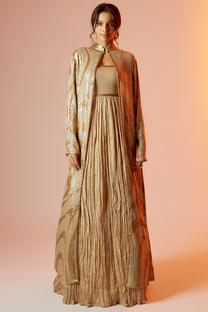 Beige Chiffon Jacket Set by Nakul Sen at Pernia's Pop Up Shop