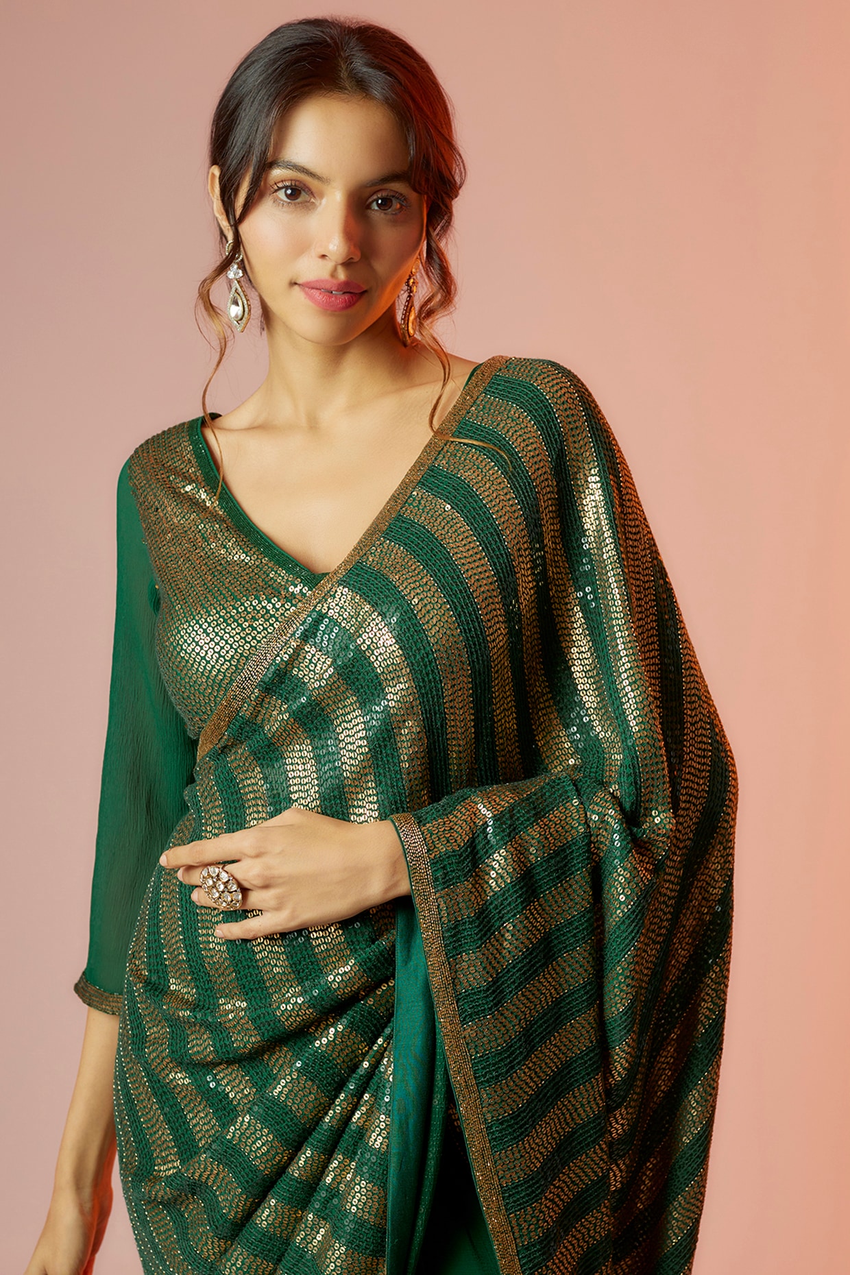 Emerald Green Organza Akshara Saree – Atelier Shikaarbagh