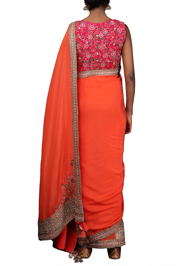 Coral Crepe Zari Embroidered Party Wear Saree Set by Nikasha at Pernia's Pop Up Shop