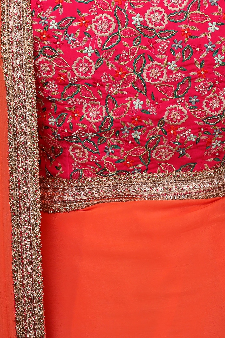 Coral Crepe Zari Embroidered Party Wear Saree Set by Nikasha at Pernia's Pop Up Shop