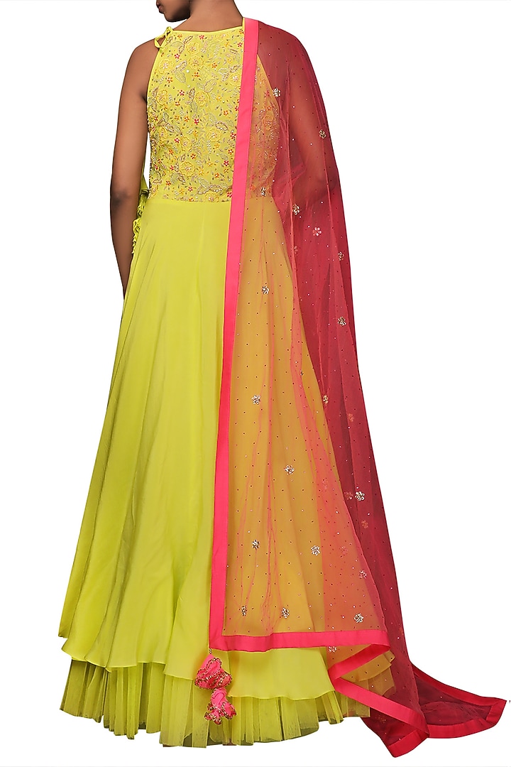 Lime Green Embroidered Kalidar Kurta Set by Nikasha at Pernia's Pop Up Shop