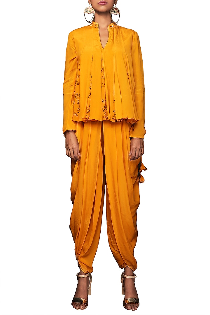 Lilly Ochre Paneled Top With Dhoti Pants by Nikasha