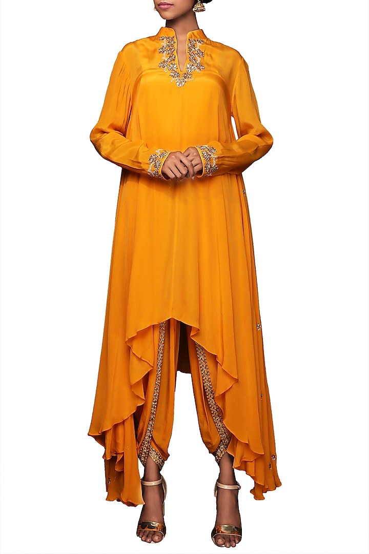 Lilly Ochre Embroidered Tunic With Dhoti Pants by Nikasha