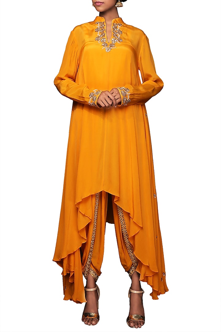 Lilly Ochre Embroidered Tunic With Dhoti Pants by Nikasha at Pernia's Pop Up Shop